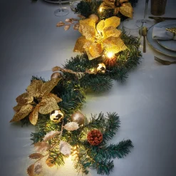 Décorations Intérieures Noël|Table De Noël|Tempsl Guirlande LED poinsettias dorés